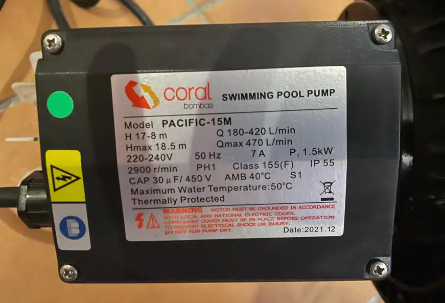 Coral Pacific - Coral Ocean - Bomba de piscina compatível com a eletrólise a sal. 29 Etiqueta da bomba de piscina Pacific Prinze Coral 15M.