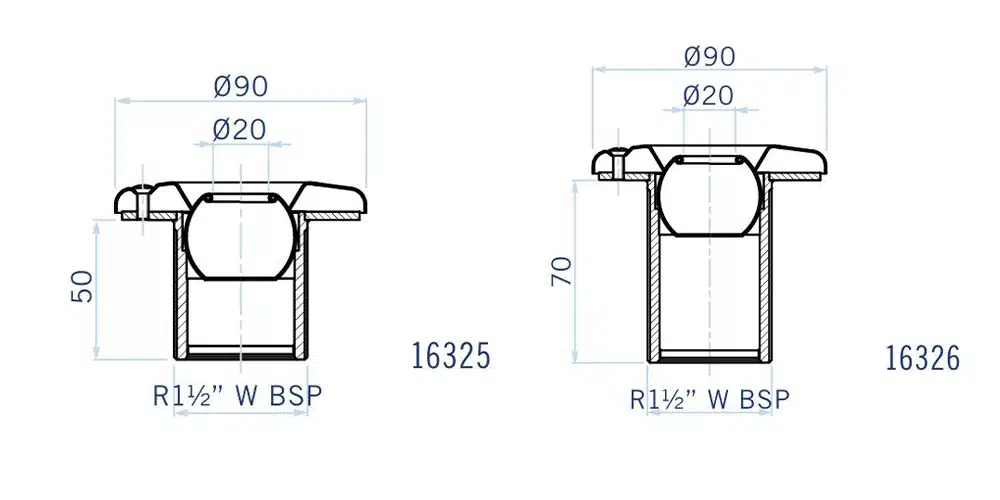 Boca de Impulsão AstralPool em aço inoxidável para piscinas de betão. com esfera Ø 20 mm 24 desenho técnico das bocas de Impulsão AstralPool em aço inoxidável