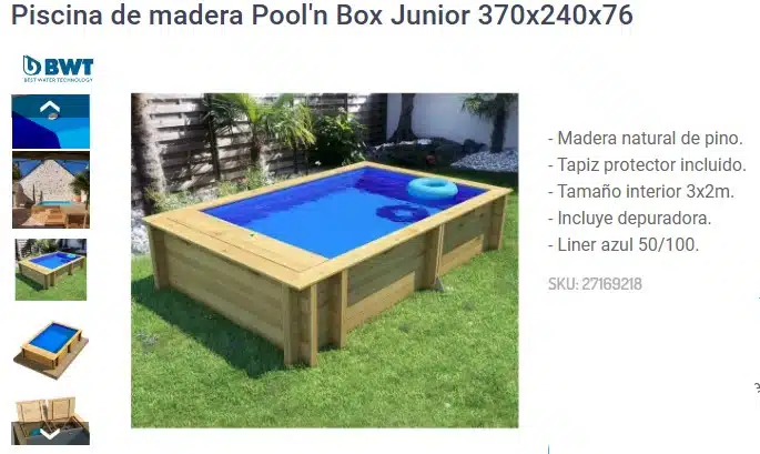 Pool'n Box Junior kleiner abnehmbarer Holzpool 370x240x76 mit Pool-Filtersystem