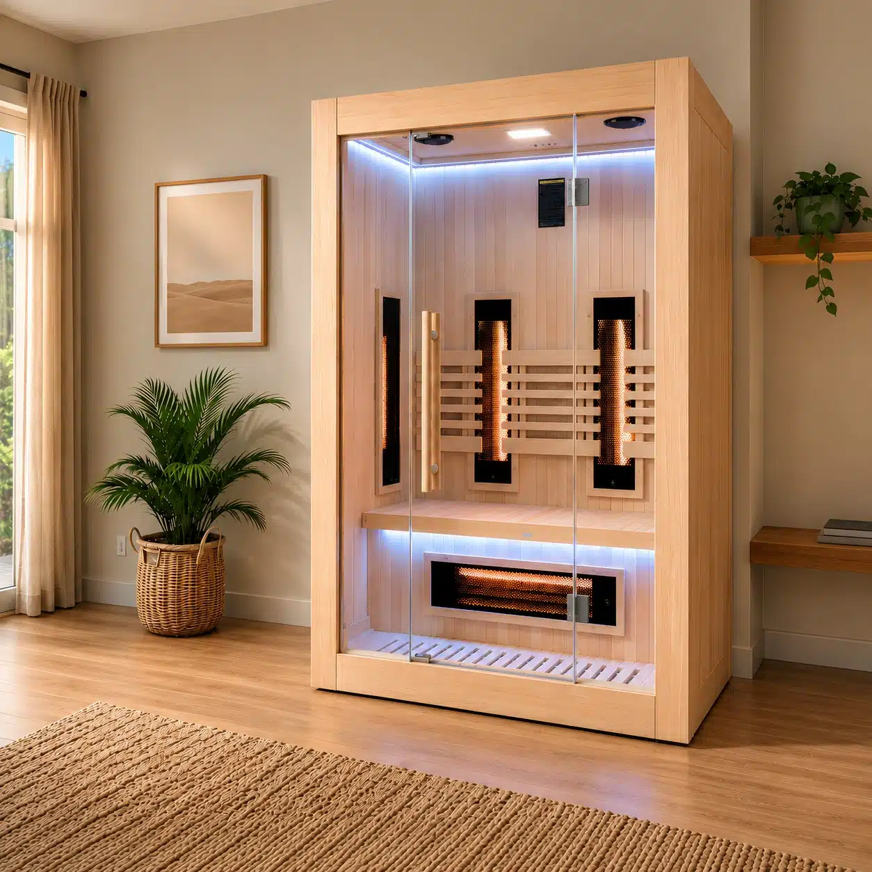 Infrarot-Heimsauna Sense 2 – 2 Plätze – Niedriger Verbrauch 2 Infrarotsauna für den Innenbereich „Sense 2“ von France Sauna POOLSTAR mit Farbtherapie, Ionisator, integriertem HiFi-Radio und Bilddarstellung im Innenraum