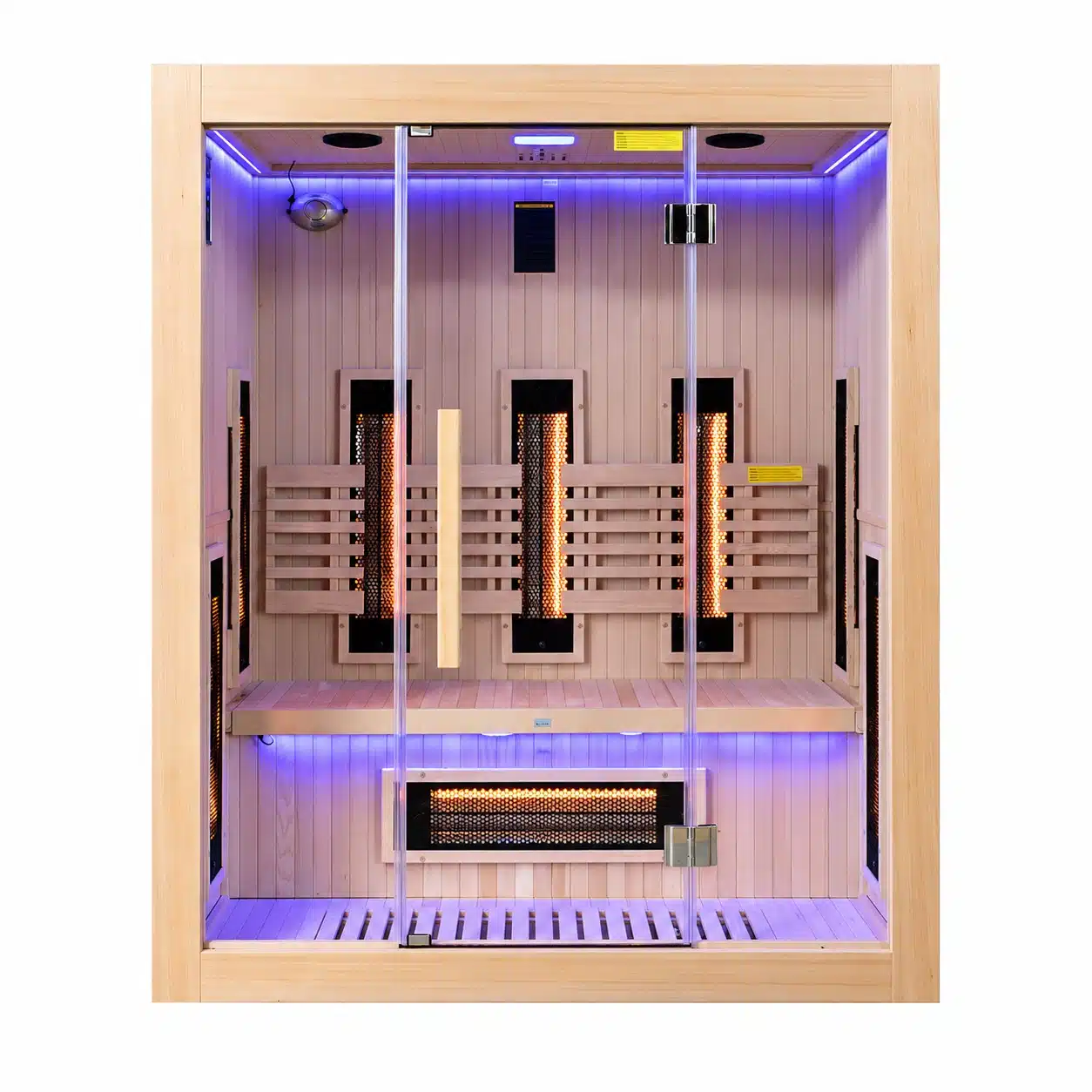 Infrarot-Heimsauna Sense 3 – 3 Plätze – Niedriger Verbrauch 3 Infrarotsauna für den Innenbereich „Sense 2“ von France Sauna POOLSTAR mit Farbtherapie, Ionisator, integriertem HiFi-Radio und Bilddarstellung im Innenraum