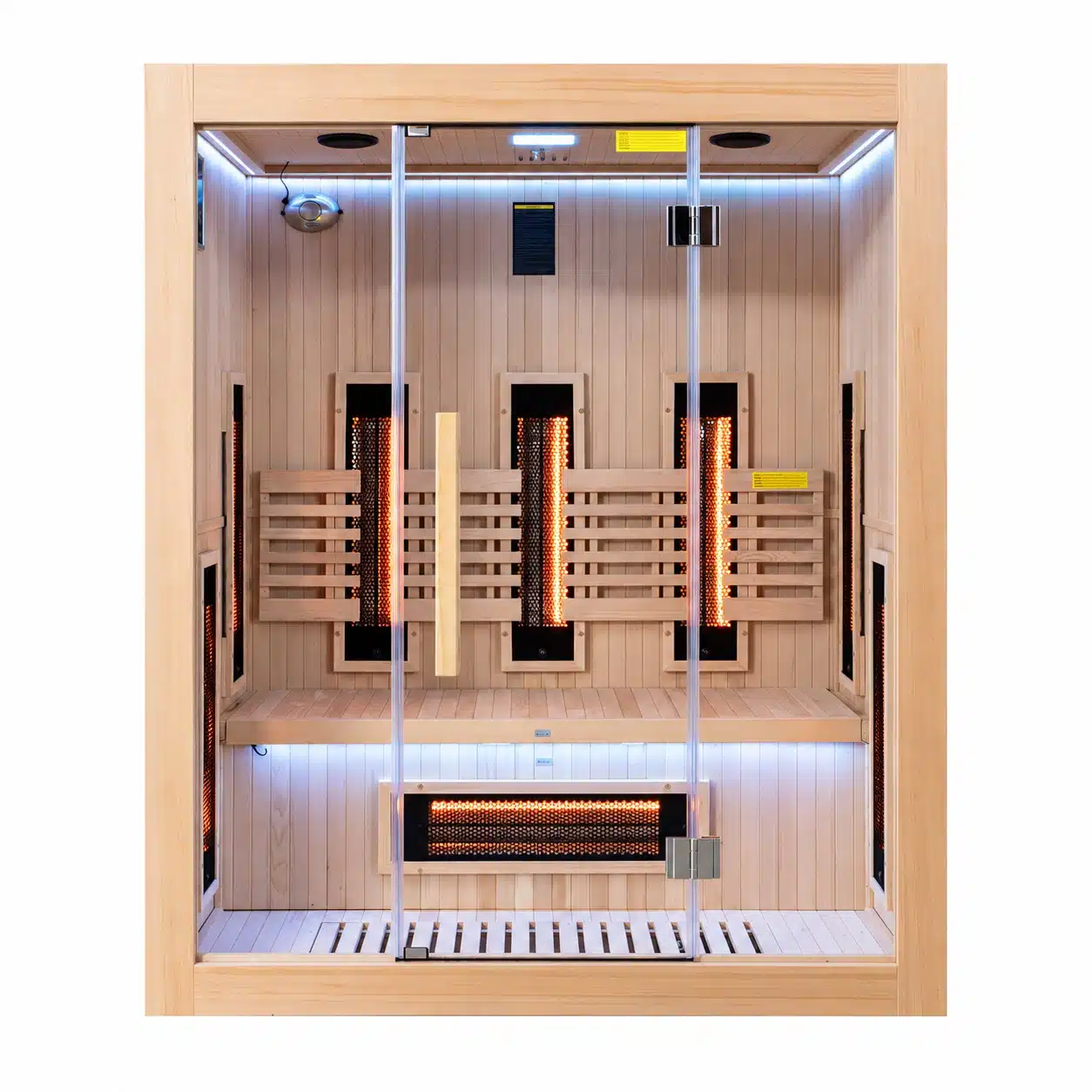 Infrarot-Heimsauna Sense 3 – 3 Plätze – Niedriger Verbrauch 4 Infrarotsauna für den Innenbereich „Sense 2“ von France Sauna POOLSTAR mit Farbtherapie, Ionisator, integriertem HiFi-Radio und Bilddarstellung im Innenraum