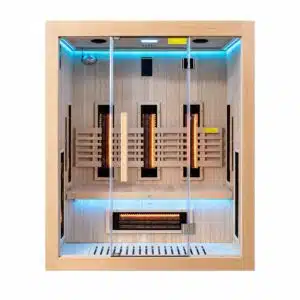 Infrarotsauna für den Innenbereich „Sense 2“ von France Sauna POOLSTAR mit Farbtherapie, Ionisator, integriertem HiFi-Radio und Bilddarstellung im Innenraum