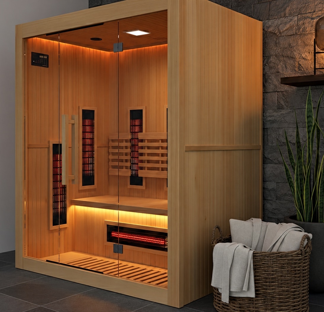 Infrarot-Heimsauna Sense 3 – 3 Plätze – Niedriger Verbrauch 2 Infrarotsauna für den Innenbereich „Sense 2“ von France Sauna POOLSTAR mit Farbtherapie, Ionisator, integriertem HiFi-Radio und Bilddarstellung im Innenraum