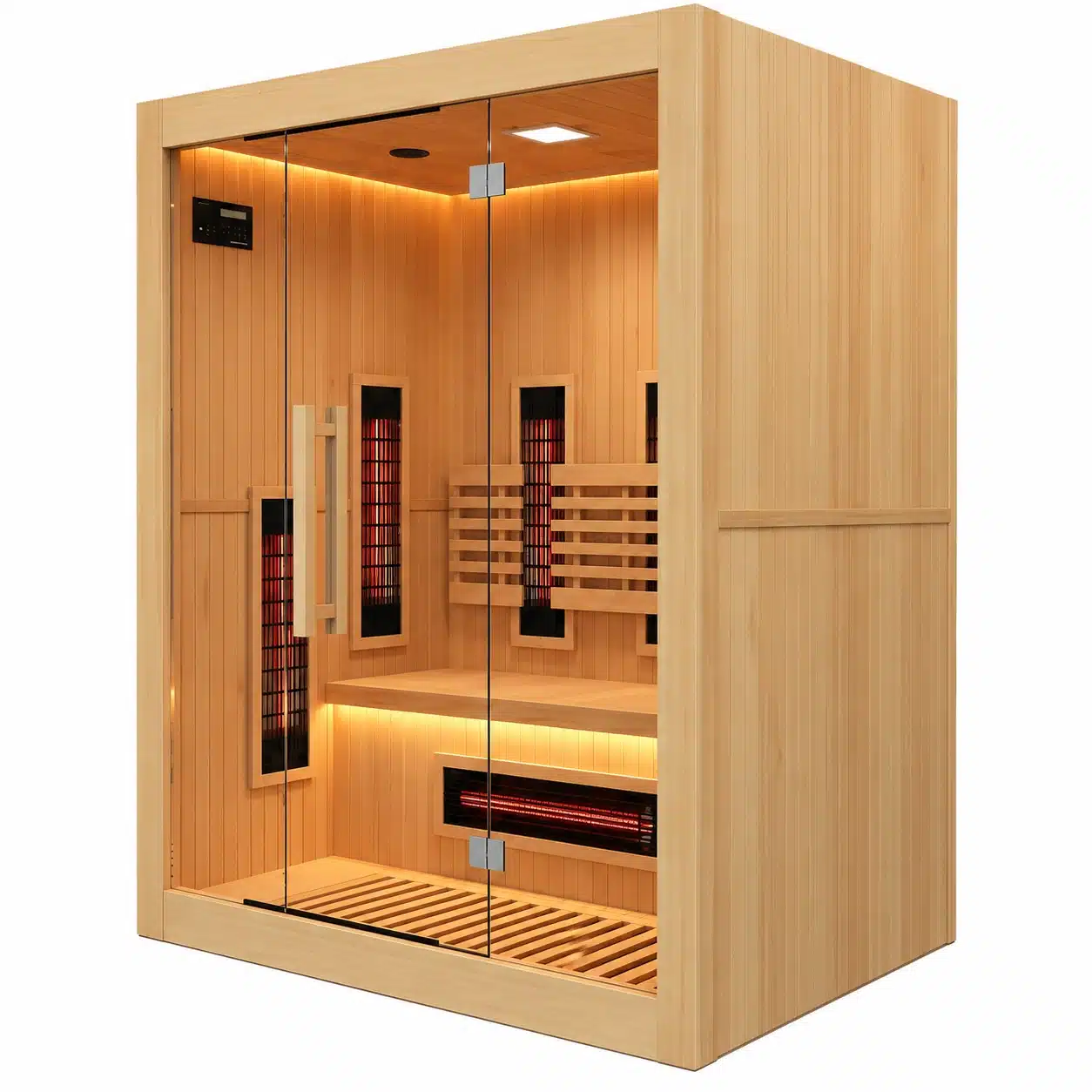 Infrarot-Heimsauna Sense 3 – 3 Plätze – Niedriger Verbrauch 5 Infrarotsauna für den Innenbereich „Sense 2“ von France Sauna POOLSTAR mit Farbtherapie, Ionisator, integriertem HiFi-Radio und Bilddarstellung im Innenraum